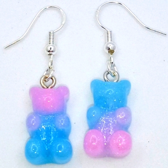 2/$20, PINK AND BLUE ACRYLIC GUMMY BEAR EARRINGS WITH STERLING SILVER EAR WIRES - Picture 1 of 1